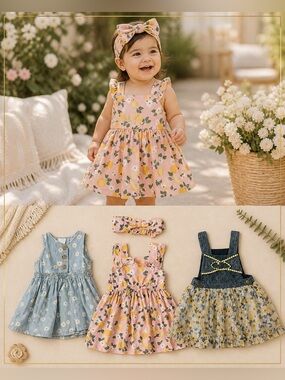 Baby Girl Dress Bundle 12M Boutique Floral Lemon Denim Dresses Summer Set